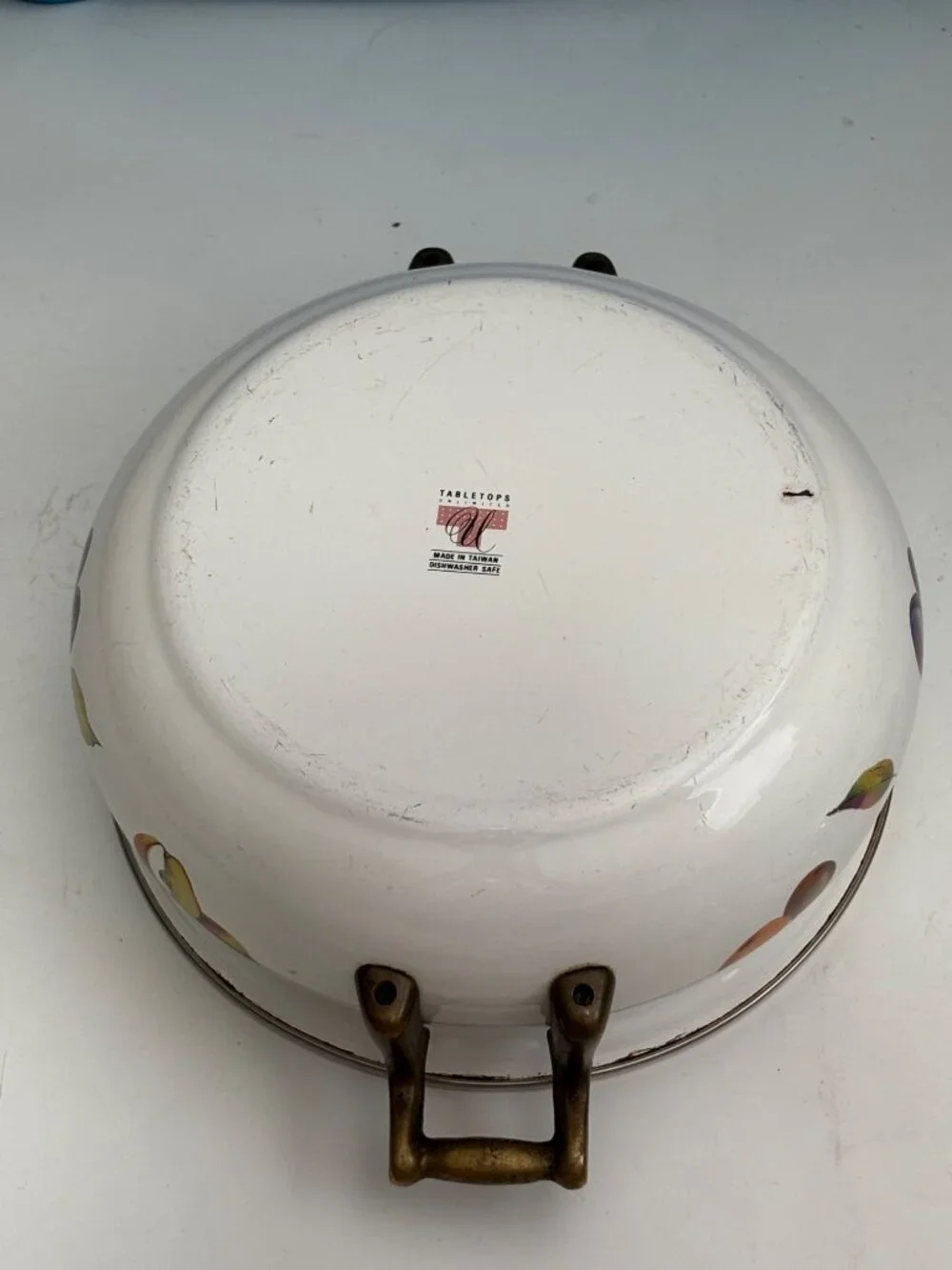 Vintage Enamel Fruit Motif Casserole Dish With Lid & Brass Handles